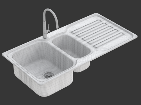 Kitchen Sink with double Bowl Tap and Drain Modelo 3D