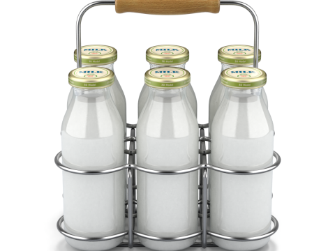 Milk Bottles in Wire Basket 3D Model