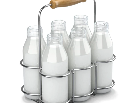 Milk Bottles in Wire Basket 3D Model