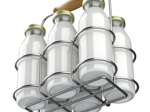 Milk Bottles in Wire Basket 3D 模型