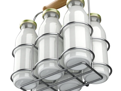 Milk Bottles in Wire Basket 3D Model