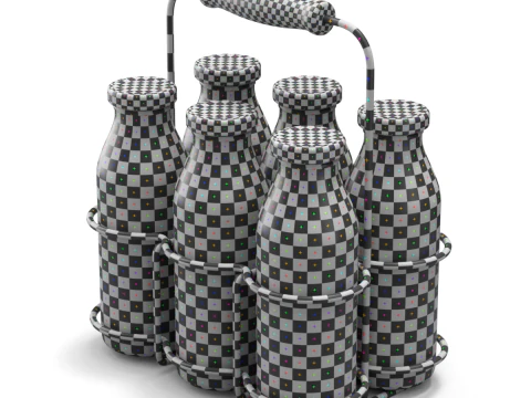 Milk Bottles in Wire Basket 3D Model