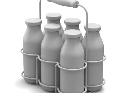 Milk Bottles in Wire Basket 3D Model