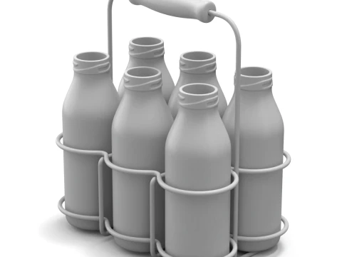 Milk Bottles in Wire Basket 3D Model