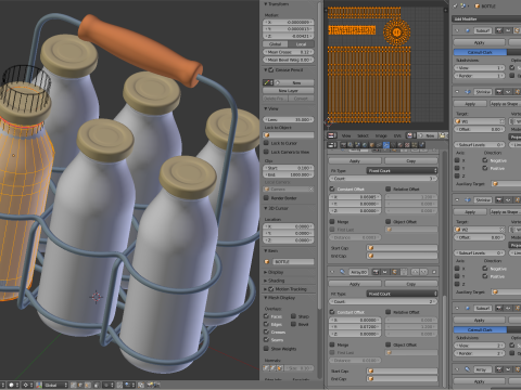 Milk Bottles in Wire Basket 3D 模型