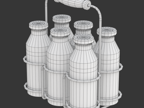 Milk Bottles in Wire Basket 3D 模型