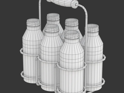 Milk Bottles in Wire Basket 3D Model