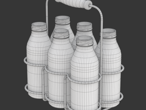 Milk Bottles in Wire Basket 3D 模型