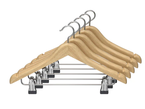 Wooden Clothes Hanger with Clips 3D Model