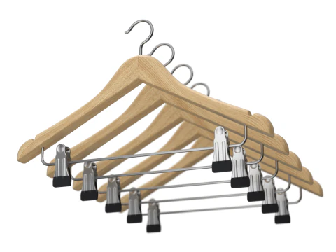 Wooden Clothes Hanger with Clips 3D Model