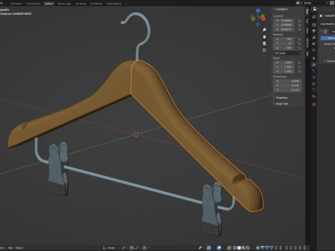 Wooden Clothes Hanger with Clips 3D 模型