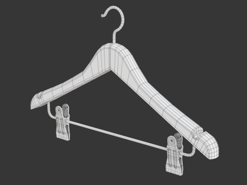 Wooden Clothes Hanger with Clips 3D 模型