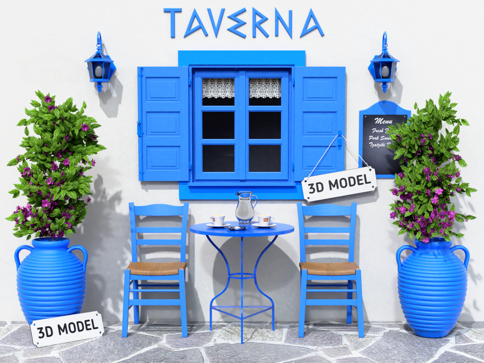 Greek Taverna Terrace 3D Model .c4d .max .obj .3ds .fbx .stl .blend 