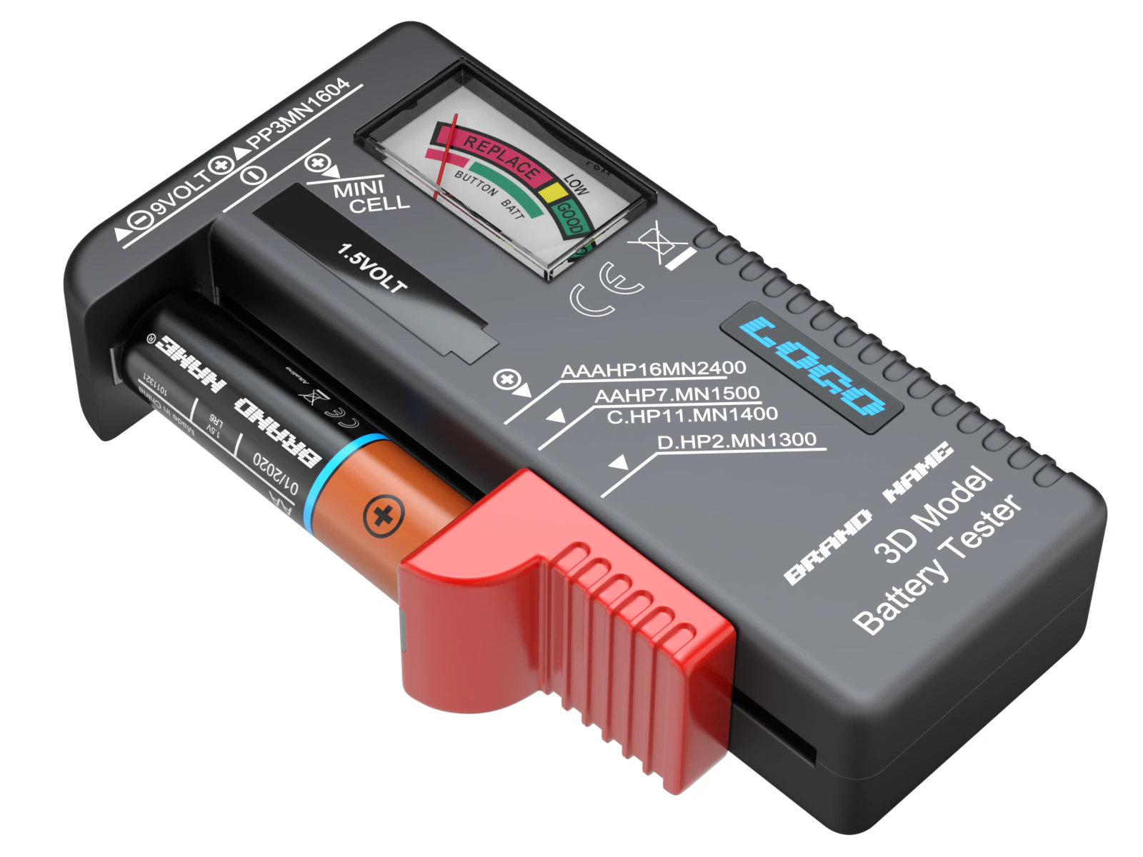 Tester per batterie con batteria AA Modello 3D .c4d .max .obj .3ds .fbx .stl .blend