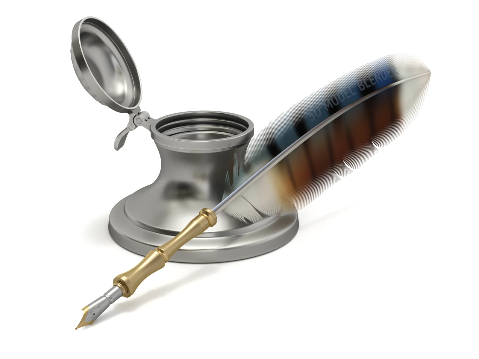 Quill Pen with Inkwell 3D Model .c4d .max .obj .3ds .fbx .stl .blend 