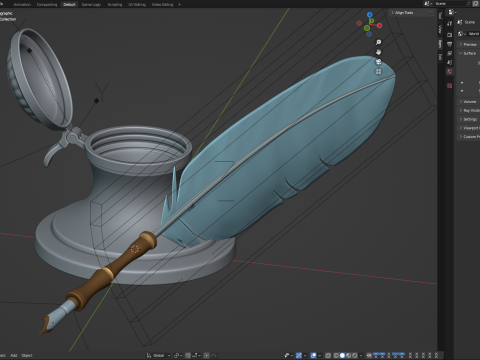 Quill Pen with Inkwell 3D Model
