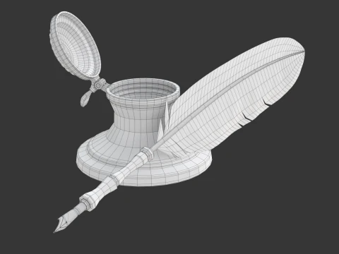 Quill Pen with Inkwell 3D Model