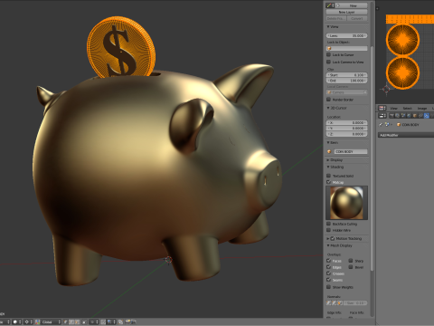 Piggy Bank With Gold Coin 3D Модель