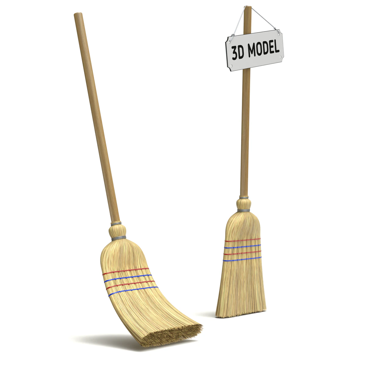 Straw Broom with Dustpan 3D Model .c4d .max .obj .3ds .fbx .stl .blend 