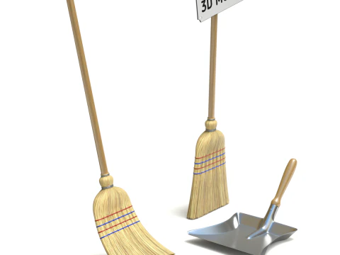 Straw Broom with Dustpan 3D Model