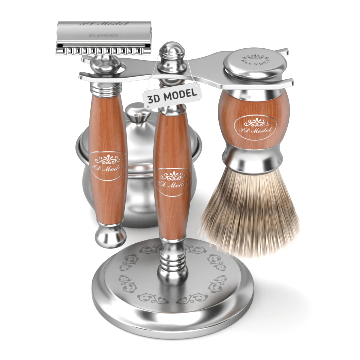 Shaving Kit with Wooden Handles 3D Model .c4d .max .obj .3ds .fbx .stl .blend 
