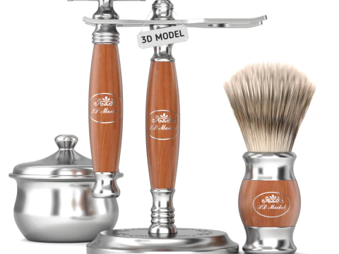 Shaving Kit with Wooden Handles 3D Model