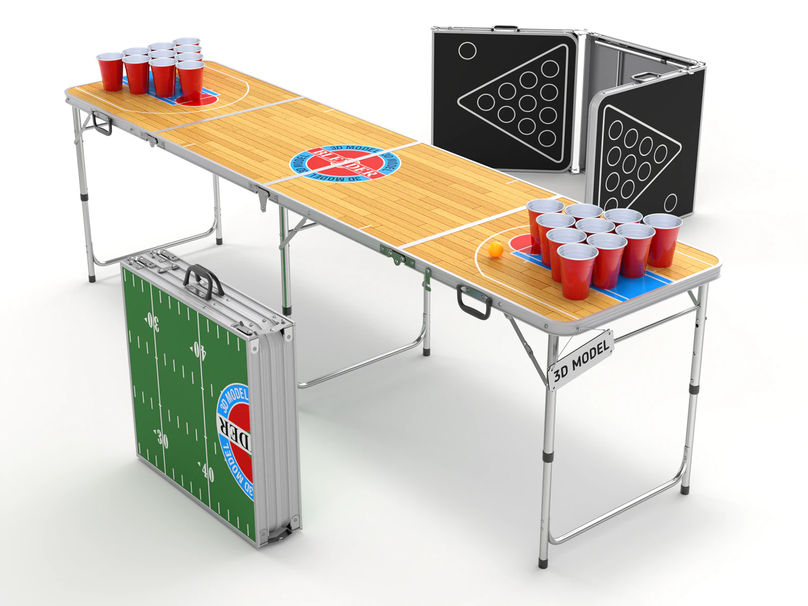 Beer Pong Table and Cups 3D Model .c4d .max .obj .3ds .fbx .stl .blend