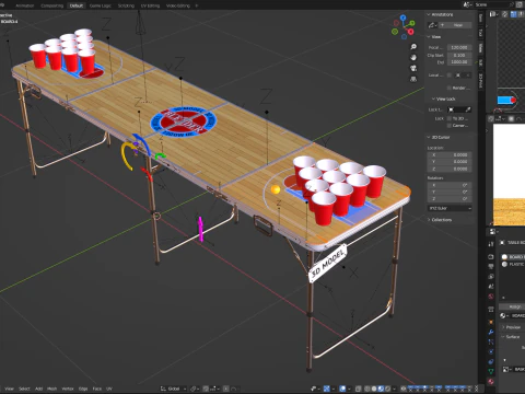 Beer Pong Table and Cups 3D Model