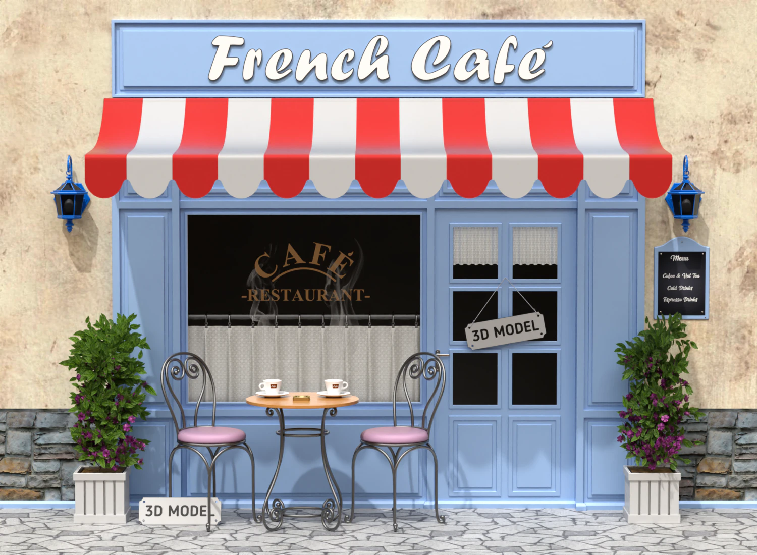French Sidewalk Cafe 3D Model .c4d .max .obj .3ds .fbx .stl .blend 