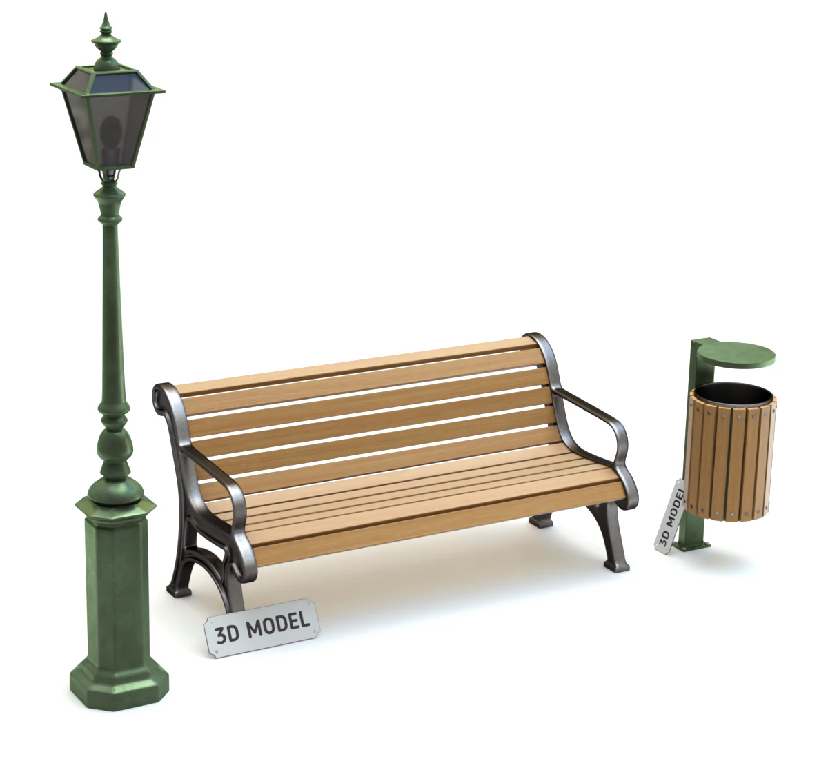 Park Set with Bench Street Lamp and Litterbin 3D Model .c4d .max .obj .3ds .fbx .stl .blend