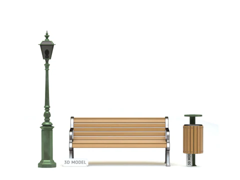 Park Set with Bench Street Lamp and Litterbin 3D Model