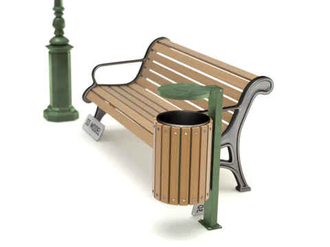 Park Set with Bench Street Lamp and Litterbin 3D Model