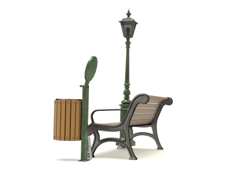 Park Set with Bench Street Lamp and Litterbin 3D Model