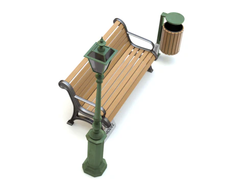 Park Set with Bench Street Lamp and Litterbin 3D Model