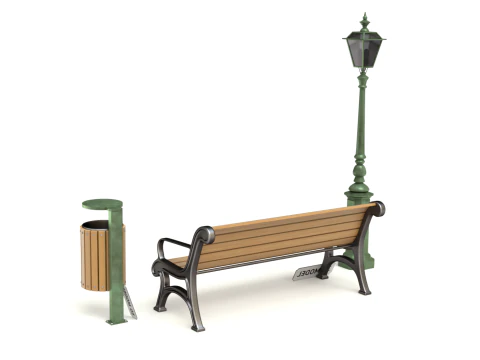 Park Set with Bench Street Lamp and Litterbin 3D Model