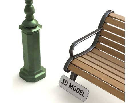 Park Set with Bench Street Lamp and Litterbin 3D Model