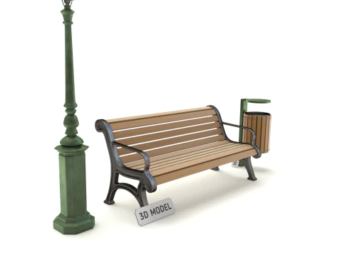 Park Set with Bench Street Lamp and Litterbin 3D Model