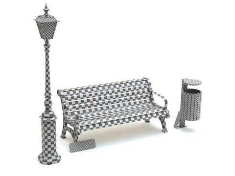Park Set with Bench Street Lamp and Litterbin 3D Model