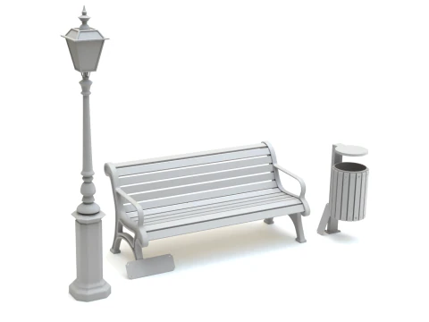 Park Set with Bench Street Lamp and Litterbin 3D Model