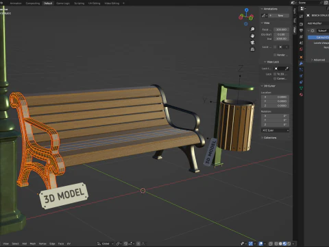 Park Set with Bench Street Lamp and Litterbin 3D Model