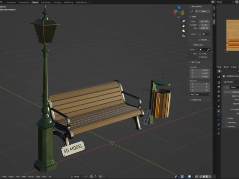 Park Set with Bench Street Lamp and Litterbin 3D Model