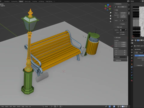 Park Set with Bench Street Lamp and Litterbin 3D Model