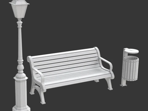 Park Set with Bench Street Lamp and Litterbin 3D Model