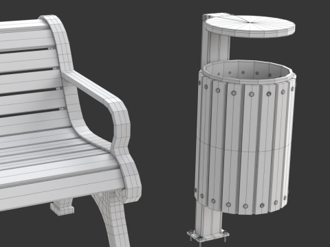 Park Set with Bench Street Lamp and Litterbin 3D Model
