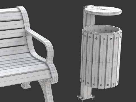 Park Set with Bench Street Lamp and Litterbin 3D Model