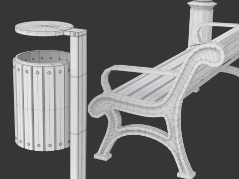Park Set with Bench Street Lamp and Litterbin 3D Model