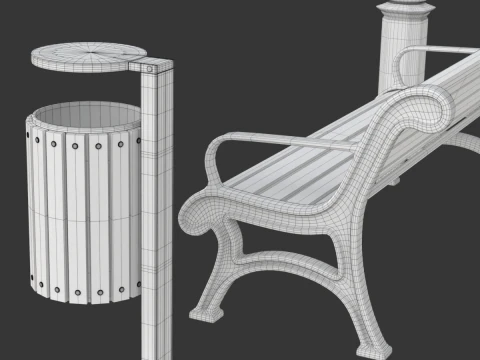 Park Set with Bench Street Lamp and Litterbin 3D Model