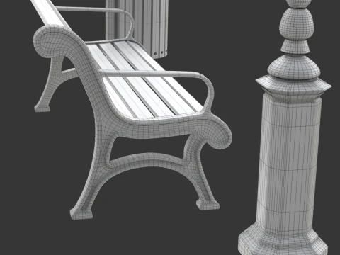 Park Set with Bench Street Lamp and Litterbin 3D Model