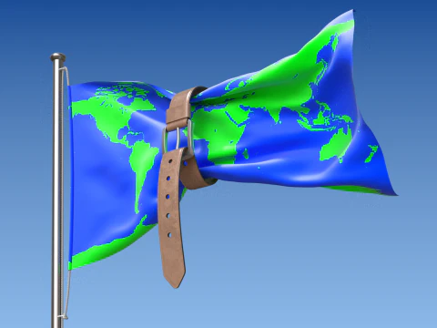 세계 예산 위기를 개념적으로 나타내는 벨트 깃발 3D 모델