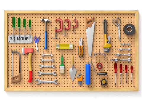 도구가 포함된 페그보드 3D 모델